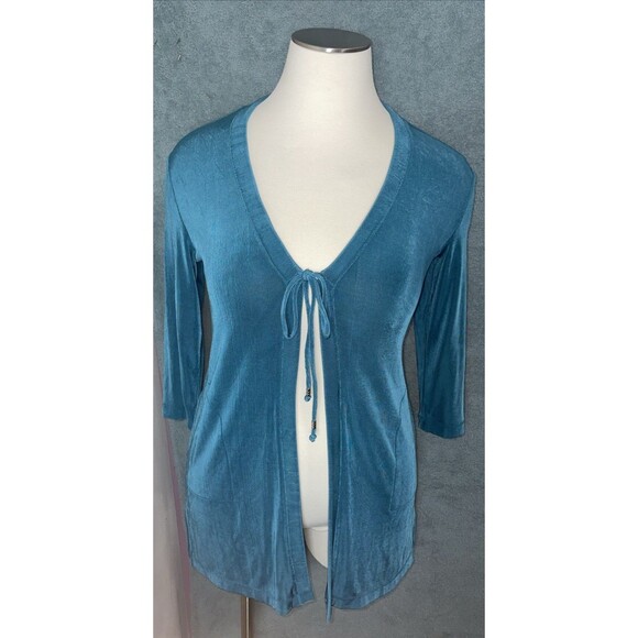 Chicos Travelers Cardigan Teal Open Front Tie Soft Stretch Knit Chic Capsule - Picture 1 of 9